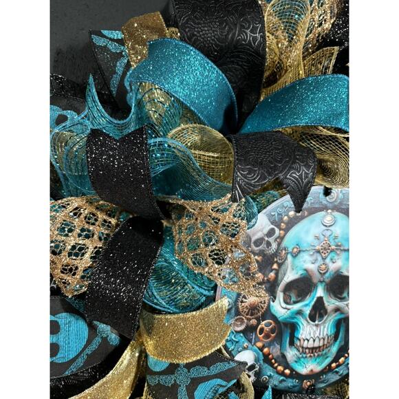Handmade Halloween Wreath Teal Blue & Gold Steampunk Skull 24 Inch Deco Mesh - Picture 7 of 8